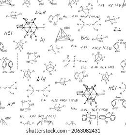 Chemistry seamless pattern with handwriting of various formulas and molecules structures and diagrams. Atom geometry. College lectures. Scientific study as former Alchemy. Vector.