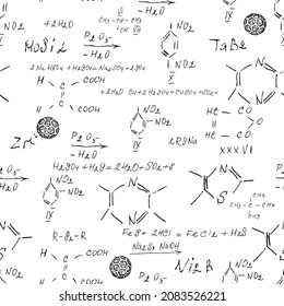 Patrón de química sin fisuras con escritura a mano de diversas fórmulas y moléculas estructuras y diagramas. Geometría átoma. Clases en la universidad. Estudio científico como antigua alquimia. Vector.