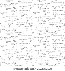 Chemistry seamless pattern with handwriting of various formulas and molecules structures and diagrams. Atom geometry. College lectures. Scientific study as former Alchemy. Vector.
