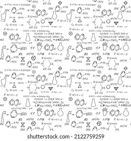 Chemistry seamless pattern with handwriting of various formulas and molecules structures and diagrams. Atom geometry. College lectures. Scientific study as former Alchemy. Vector.