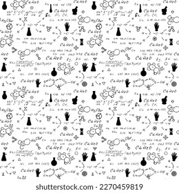 Chemistry seamless pattern with handwriting of various formulas and molecules structures and diagrams. Atom geometry. College lectures. Scientific study as former Alchemy. Vector.