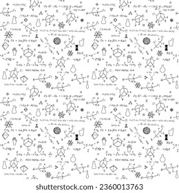 Patrón de química sin fisuras con escritura a mano de diversas fórmulas y moléculas estructuras y diagramas. Geometría átoma. Clases en la universidad. Estudio científico como antigua alquimia. Vector.