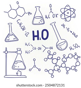 Chemistry seamless pattern. Minimalistic repeating image for printing on bedding. Gift wrap. Science and research, formulas and reactions with substances. Cartoon flat vector illustration