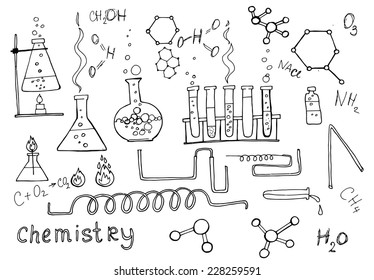 chemistry set, hand drawn vector illustration. Education icons