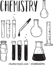 Chemistry set. Pipette or dropper, glass tubes with liquids. Vector hand drawn illustration isolated on white background. Flat, cartoon style. Line art.