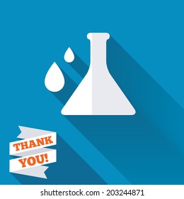 Chemistry sign icon. Bulb symbol with drops. Lab icon. White flat icon with long shadow. Paper ribbon label with Thank you text. Vector