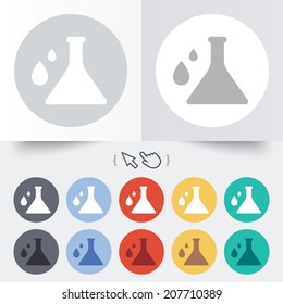 Chemistry sign icon. Bulb symbol with drops. Lab icon. Round 12 circle buttons. Shadow. Hand cursor pointer. Vector