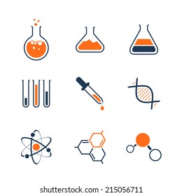 Chemistry simple vector icon set - bottles, tubes, liquids, dna, molecules and atoms