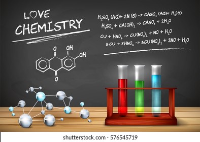 Chemistry still life - wooden tabletop with molecules model, test tubes in wooden box and chalkboard with chemical formulas. Vector illustration.