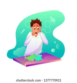 Chemistry student flat character. Teenager breaking flask with toxic chemicals. Scared intern in laboratory vector illustration. Biochemistry lesson, class. Green liquid on classroom table clipart