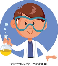 
Chemistry Student Holding Test Tube Vector Character. Little boy studying science at school using safety equipment 
