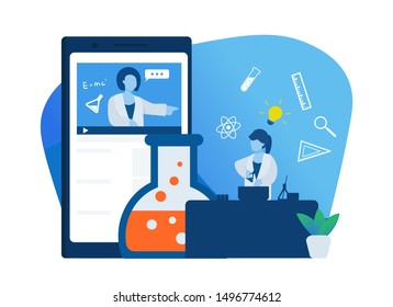 Chemistry student watching online video course with smartphone. Online education, e-learning, online courses concept. Illustration for website, landing page and business presentation