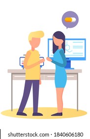 Chemistry students communicate in the class. Couple of scientists has a conversation in school. Researchers discussing an experiment. Employees work together in the room. People discussing in office