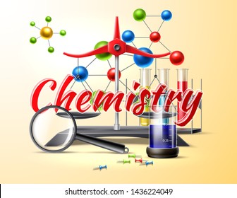 Chemistry study in school, college or university concept. Chemical tubes, laboratory flasks with reagents, magnifying glass and atom symbols for back to school vector design. 