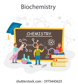 Chemistry studying concept. Chemistry lesson, chemical element molecular structure studying. Scientific experiment in the laboratory with chemical equipment. Flat vector illustration
