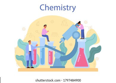 Chemistry studying concept. Chemistry lesson. Scientific experiment in the laboratory with chemical equipment. Isolated vector illustration in flat style