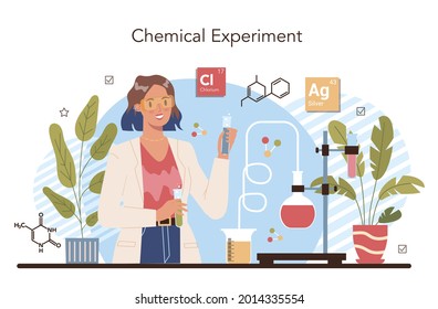 Chemistry studying concept. Chemistry lesson. Scientific experiment in the laboratory with chemical equipment. Isolated vector illustration in flat style