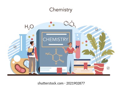 Chemistry studying concept. Chemistry lesson. Scientific experiment in the laboratory with chemical equipment. Isolated vector illustration in flat style