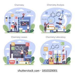 Chemistry studying concept set. Chemistry lesson. Scientific experiment in the laboratory with chemical equipment. Isolated vector illustration in flat style