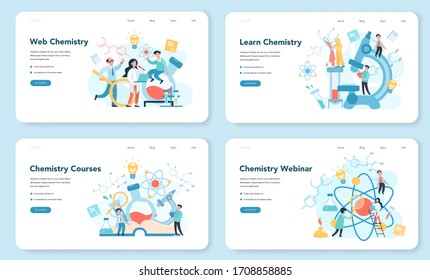 Chemistry studying on webinar or course web banner or landing page set. Scientific experiment in the laboratory. Science equipment, chemical education. Isolated vector illustration in flat style