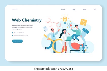 Chemistry studying on webinar or course web banner or landing page. Scientific experiment in the laboratory. Science equipment, chemical education. Isolated vector illustration in flat style