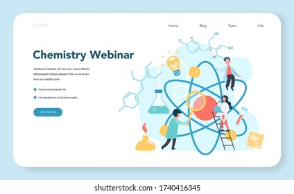 Chemistry studying on webinar or course web banner or landing page. Scientific experiment in the laboratory. Science equipment, chemical education. Isolated vector illustration in flat style