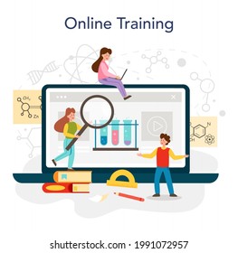 Chemistry studying online service or platform. Chemistry lesson, chemical element molecular structure studying. Online training. Flat vector illustration