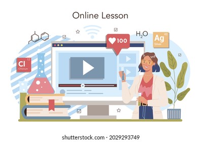 Chemistry studying online service or platform. Chemistry lesson. Scientific experiment in the laboratory. Online lesson. Flat vector illustration