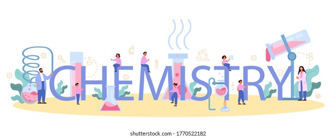 Chemistry studying typographic header concept. Chemistry lesson. Scientific experiment in the laboratory with chemical equipment. Isolated vector illustration in flat style