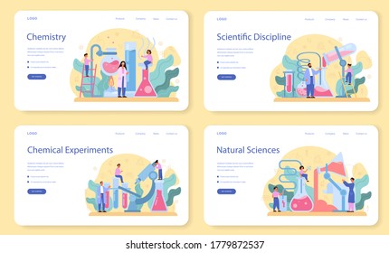 Chemistry studying web banner or landing page set. Chemistry lesson. Scientific experiment in the laboratory with chemical equipment. Isolated vector illustration in flat style