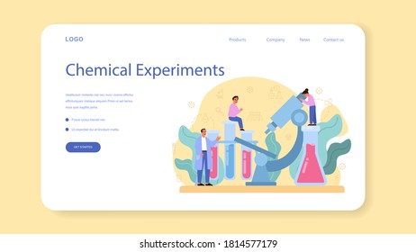 Chemistry studying web banner or landing page. Chemistry lesson. Scientific experiment in the laboratory with chemical equipment. Isolated vector illustration in flat style