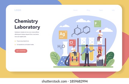 Chemistry studying web banner or landing page. Chemistry lesson. Scientific experiment in the laboratory with chemical equipment. Isolated vector illustration in flat style