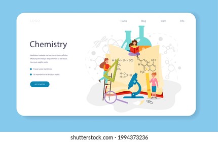 Chemistry studying web banner or landing page. Chemistry lesson, chemical element molecular structure studying. Scientific experiment in the laboratory. Flat vector illustration