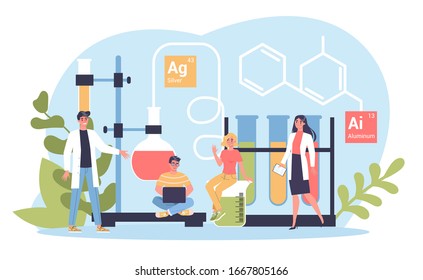 Concepto de materia de química. Experimento científico en el laboratorio. Equipos científicos, educación química. Ilustración vectorial aislada en estilo plano