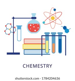 Clases y clases de asignatura de Química que anuncian ilustraciones planas de vectores aisladas en fondo blanco. Diseño para estudios de química y cursos en escuelas o universidades.
