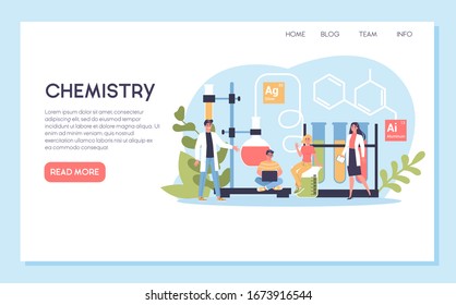 Chemistry subject web banner or landing page. Scientific experiment in the laboratory. Science equipment, chemical education. Isolated vector illustration in flat style