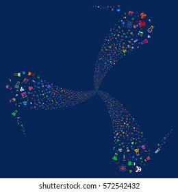 Chemistry Symbols fireworks swirl rotation. Vector illustration style is flat bright multicolored iconic symbols on a blue background. Object spiral made from random icons.