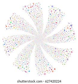 Chemistry Symbols fireworks swirl rotation. Vector illustration style is flat bright multicolored iconic symbols on a white background. Object spiral made from random design elements.