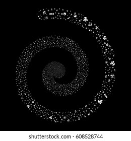 Chemistry Symbols fireworks vortex spiral. Vector illustration style is flat white scattered symbols. Object helix combined from scattered design elements.