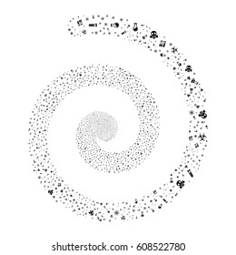 Chemistry Symbols fireworks whirl spiral. Vector illustration style is flat black scattered symbols. Object whirl constructed from random symbols.