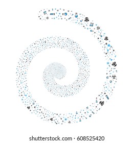 Chemistry Symbols fireworks whirl spiral. Vector illustration style is flat bicolor blue and gray scattered symbols. Object helix constructed from random pictograms.