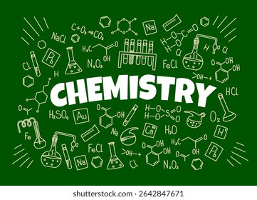 Chemistry symbols and formulas on school board. Vector education, science and laboratory research school board with chalk chemical element symbol and molecular formulas, lab flask, tube