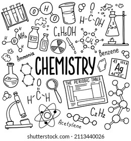 Chemistry symbols icon set. Science subject doodle design. Education and study concept. Back to school sketchy background for notebook, not pad, sketchbook.