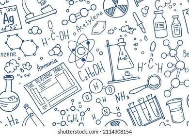 Chemistry symbols icon set. Science subject doodle design. Education and study concept. Back to school sketchy background for notebook, not pad, sketchbook.