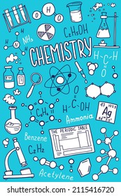 Chemistry symbols icon set. Science subject doodle design. Education and study concept. Back to school sketchy background for notebook, not pad, sketchbook.