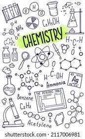 Chemistry symbols icon set. Science subject doodle design. Education and study concept. Back to school sketchy background for notebook, not pad, sketchbook.