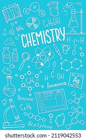 Chemistry symbols icon set. Science subject doodle design. Education and study concept. Back to school sketchy background for notebook, not pad, sketchbook.