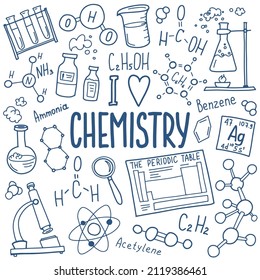 Chemistry symbols icon set. Science subject doodle design. Education and study concept. Back to school sketchy background for notebook, not pad, sketchbook.