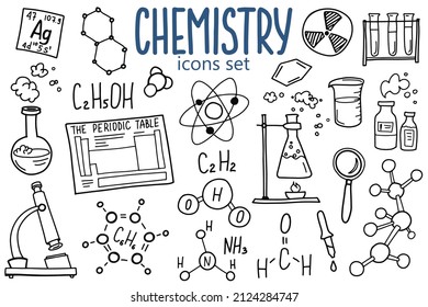 Chemistry symbols icon set  Science subject doodle design  Education   study concept  Back to school sketchy background for notebook  not pad  sketchbook 