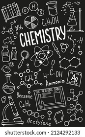 Chemistry symbols icon set. Science subject doodle design. Education and study concept. Back to school sketchy background for notebook, not pad, sketchbook.